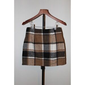 Brown‎ Plaid Wool Blend Flannel Mini Skirt High Waisted Side Zip XS